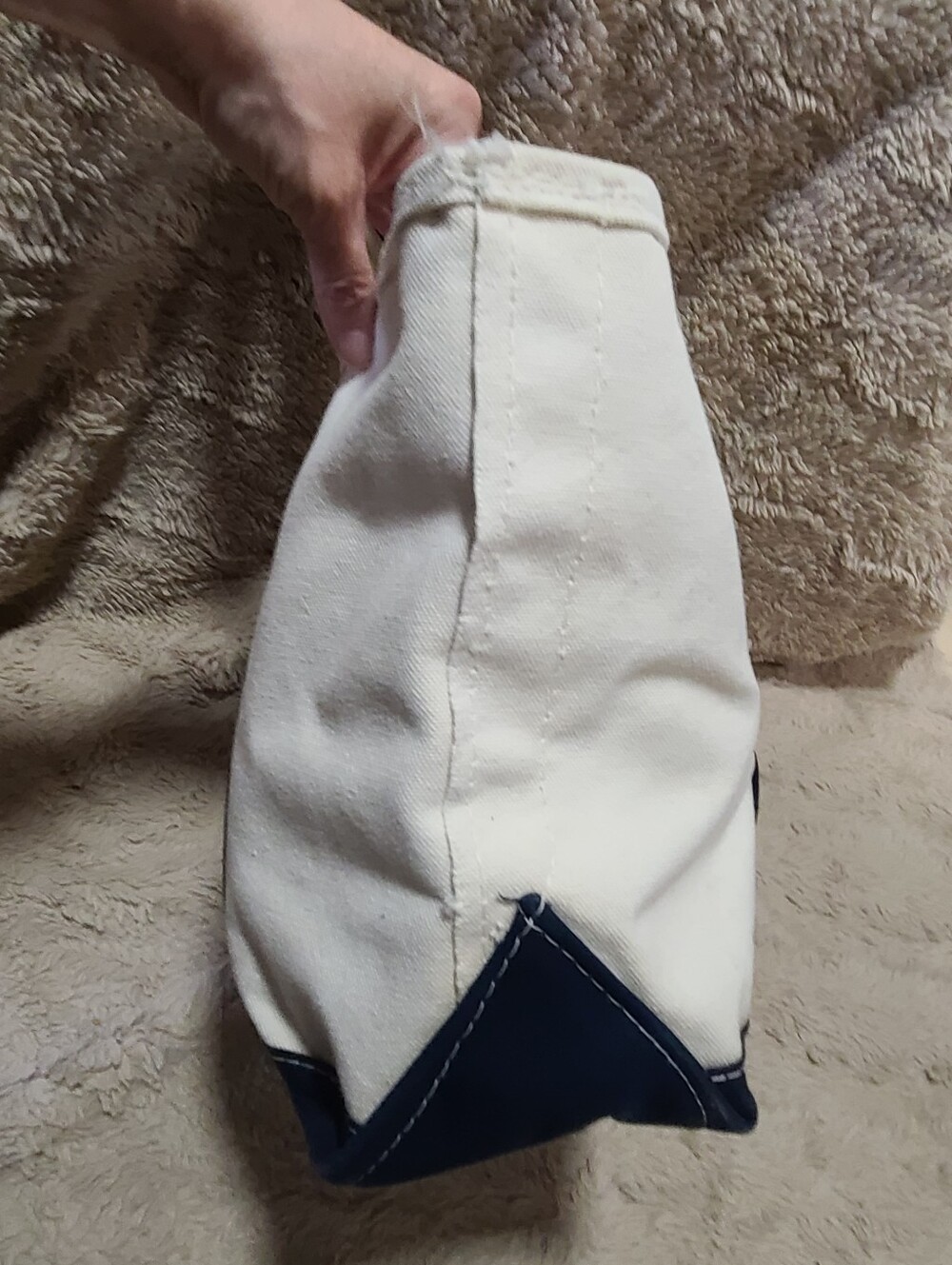 L.L. Bean Cream Canvas Boat Tote with Navy Stitching, Zip Close - Picture 6 of 9